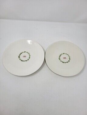Rae Dunn Cheer Plates Set of 2 Ceramic Christmas Holiday Wreath Magenta 8 inch
